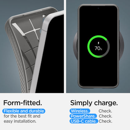 ACS07450 - Galaxy S24 Case Liquid Air in Granite Gray form fitted flexible and durable for the best fit and easy installation. Simply charge wireless check. power share check. USB-C cable.