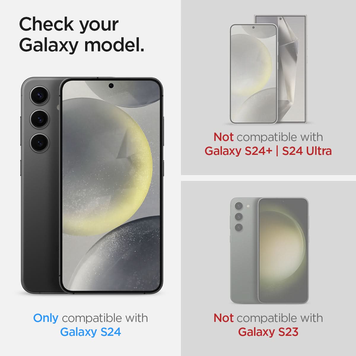 AGL07441 - Galaxy S24 Optik Pro EZ Fit Lens Protector in Black showing the compatibility. Only compatibility with Galaxy S24 and not compatible with Galaxy S24 Ultra/S24+ and Galaxy S23