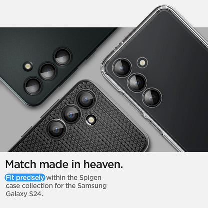 AGL07441 - Galaxy S24 Optik Pro EZ Fit Lens Protector in Black showing the match made in heaven. Fit precisely within the Spigen case collection for the Samsung Galaxy S24