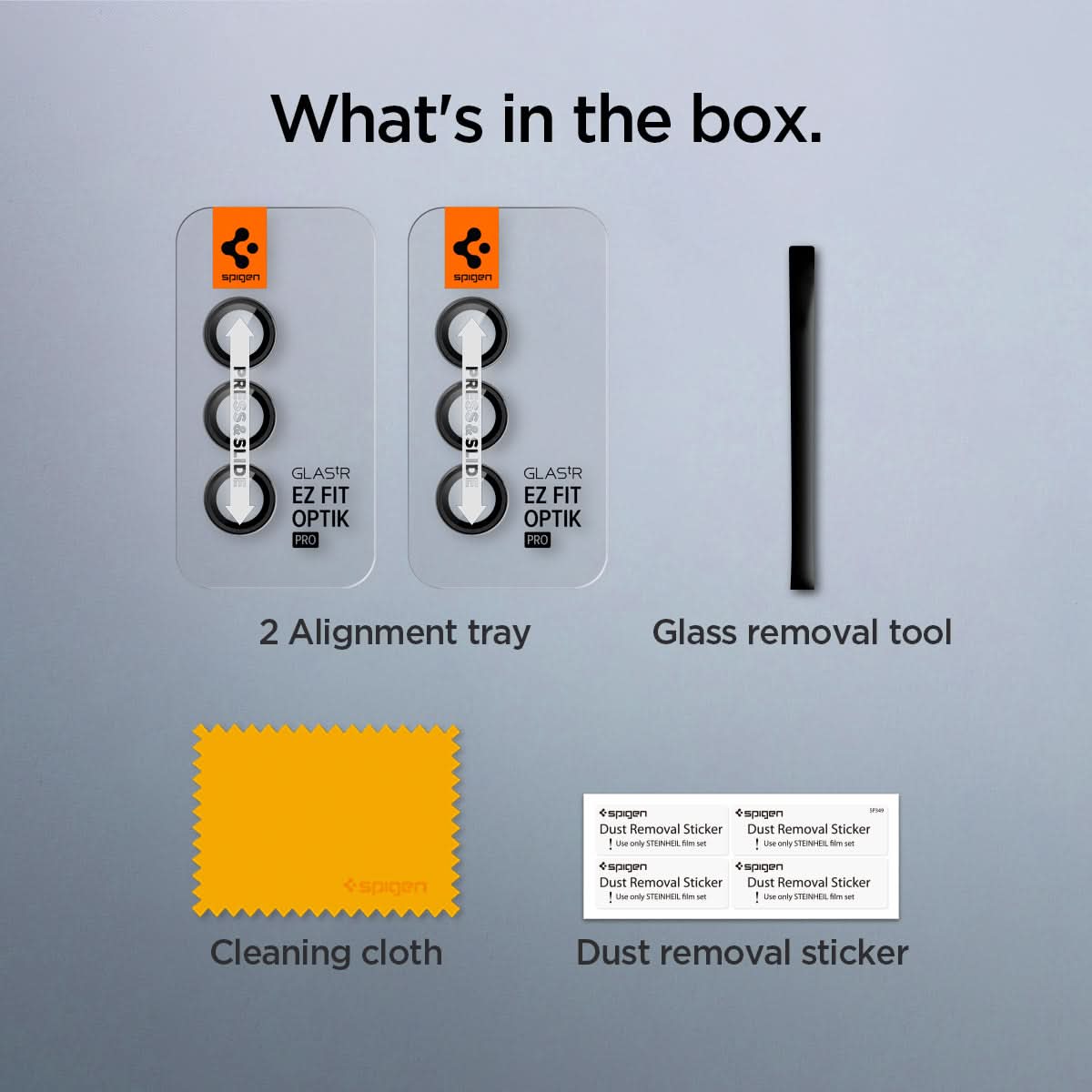 AGL07441 - Galaxy S24 Optik Pro EZ Fit Lens Protector in Black showing what's in the box. 2 Alignment trays, Glass removal tool, Cleaning cloth and Dust removal sticker