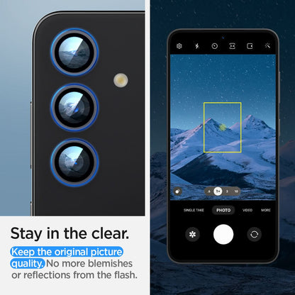AGL07442 - Galaxy S24 Optik Pro EZ Fit Lens Protector in Gray showing how it stays clear. Keep the original picture quality. No more blemishes or reflections from the flash