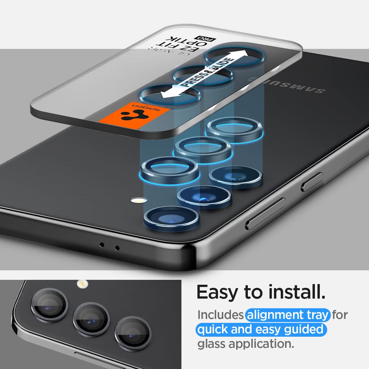 AGL07442 - Galaxy S24 Optik Pro EZ Fit Lens Protector in Gray showing the easy to install. Includes alignment tray for quick and easy guided glass application