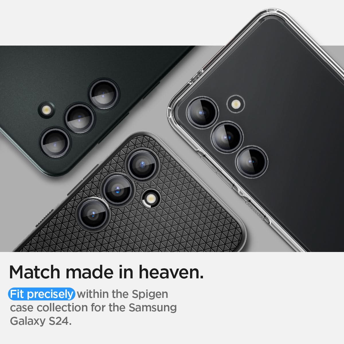 AGL07442 - Galaxy S24 Optik Pro EZ Fit Lens Protector in Gray showing the match made in heaven. Fit precisely within the Spigen case collection for the Samsung Galaxy S24