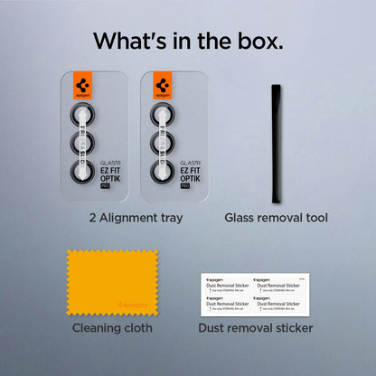 AGL07442 - Galaxy S24 Optik Pro EZ Fit Lens Protector in Gray showing what's in the box. 2 Alignment trays, Glass removal tool, Cleaning cloth and Dust removal sticker