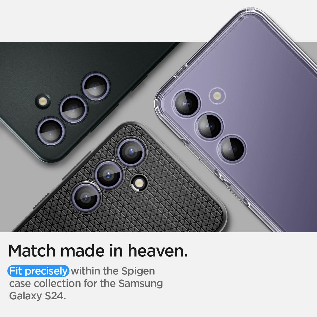 AGL07443 - Galaxy S24 Optik Pro EZ Fit Lens Protector in Violet showing the match made in heaven. Fit precisely within the Spigen case collection for the Samsung Galaxy S24+