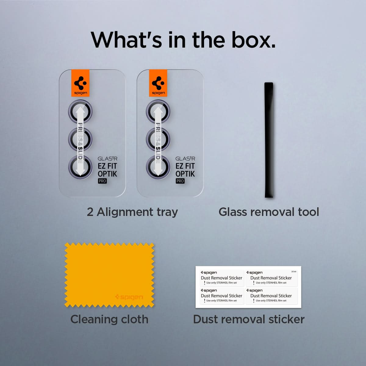 AGL07443 - Galaxy S24 Optik Pro EZ Fit Lens Protector in Violet showing what's in the box. 2 Alignment trays, Glass removal tool, Cleaning cloth and Dust removal sticker