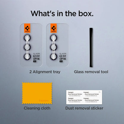 AGL07443 - Galaxy S24 Optik Pro EZ Fit Lens Protector in Violet showing what's in the box. 2 Alignment trays, Glass removal tool, Cleaning cloth and Dust removal sticker