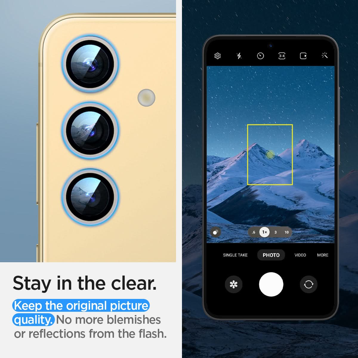 AGL07444 - Galaxy S24 Optik Pro EZ Fit Lens Protector in Yellow showing the how it stays clear. Keep the original picture quality. No more blemishes or reflections from the flash