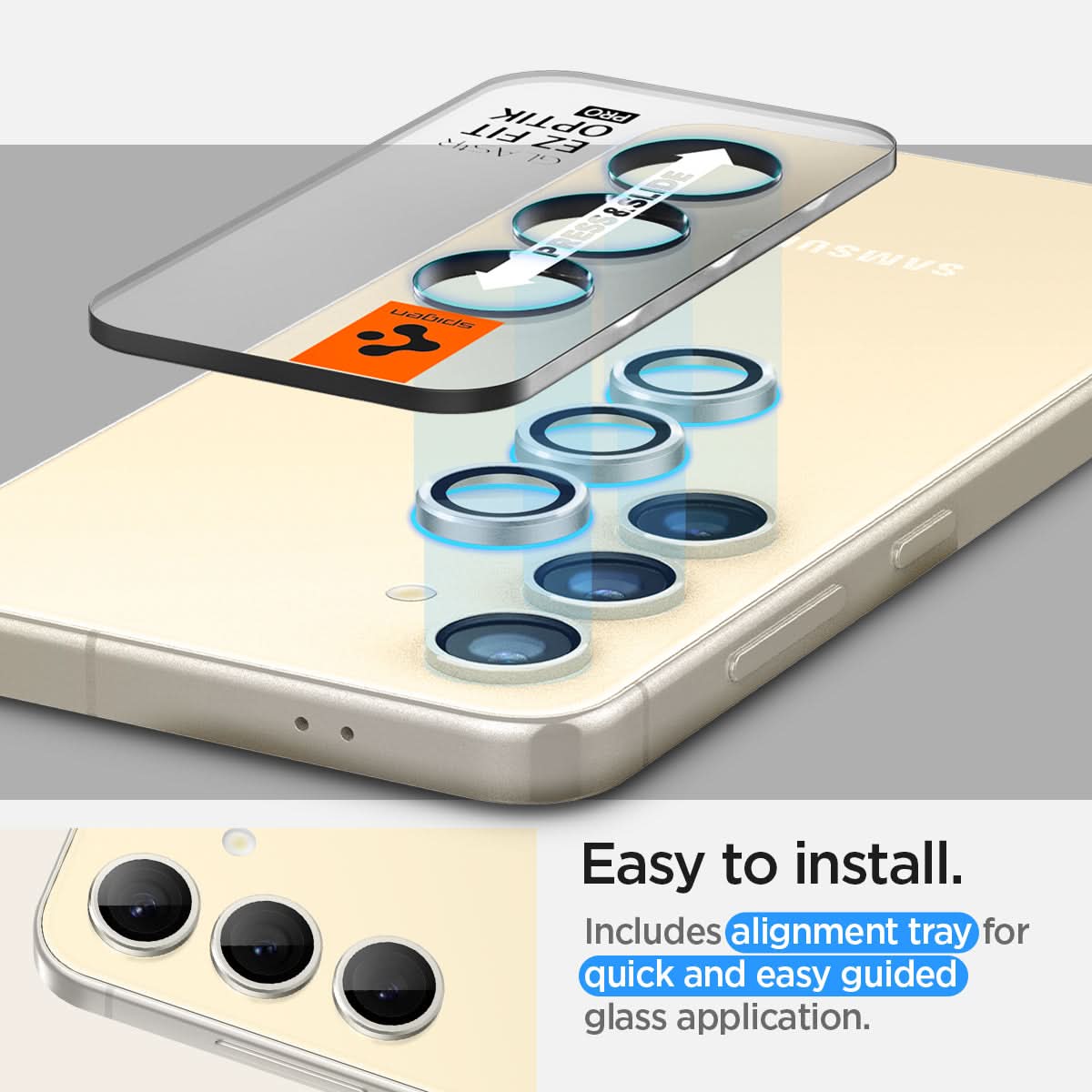 AGL07444 - Galaxy S24 Optik Pro EZ Fit Lens Protector in Yellow showing the easy to install. Includes alignment tray for quick and easy guided glass application