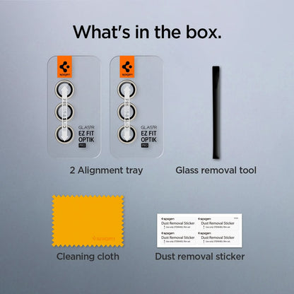 AGL07444 - Galaxy S24 Optik Pro EZ Fit Lens Protector in Yellow showing what's in the box. 2 Alignment trays, Glass removal tool, Cleaning cloth and Dust removal sticker