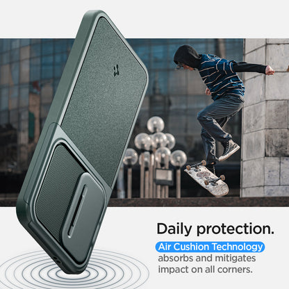 ACS07364 - Galaxy S24 Case Optik Armor in Abyss Green showing the daily protection. Air Cushion Technology absorbs and mitigates impact on all corners