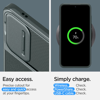 ACS07364 - Galaxy S24 Case Optik Armor in Abyss Green showing the easy access. Precise cutout for easy and quick access at your fingertips. Simply charge. Wireless, PowerShare and USB-C cable all check