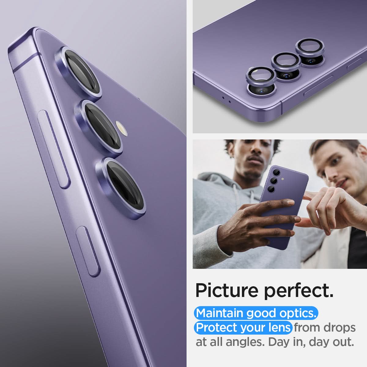 AGL07435 - Galaxy S24 Plus Optik Pro EZ Fit Lens Protector in Violet showing the picture perfect. Maintain good optics. Protect your lens from drops at all angles. Day in, day out