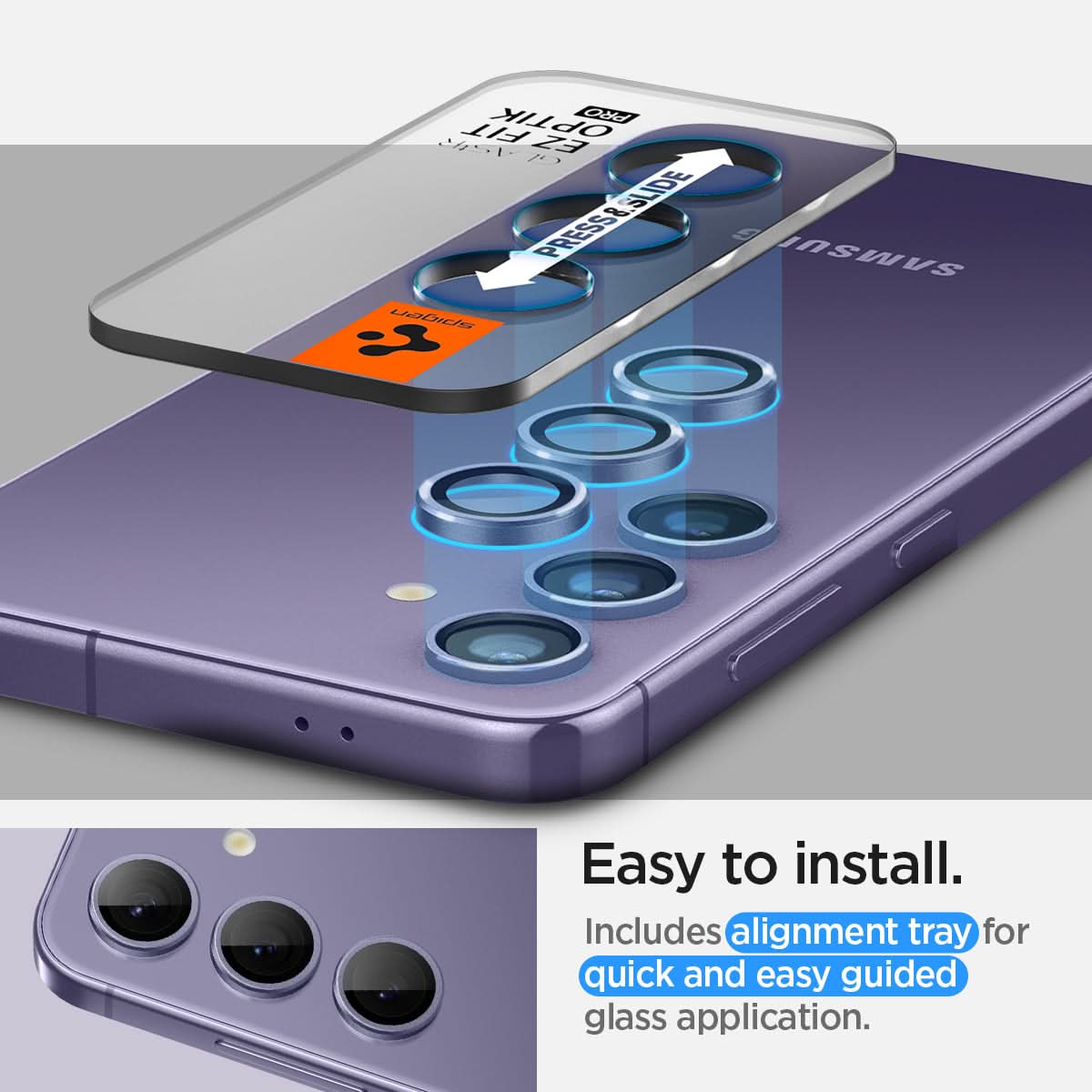 AGL07435 - Galaxy S24 Plus Optik Pro EZ Fit Lens Protector in Violet showing the easy to install. Includes alignment tray for quick and easy guided glass application