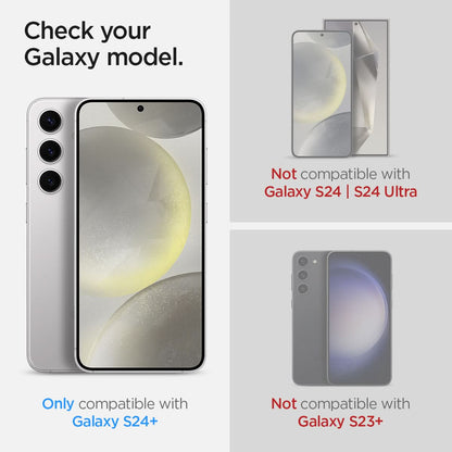 AGL07436 - Galaxy S24 Plus Optik Pro EZ Fit Lens Protector in Yellow showing the compatibility. Only compatibility with Galaxy S24 Plus and not compatible with Galaxy S24/S24 Ultra and Galaxy S23