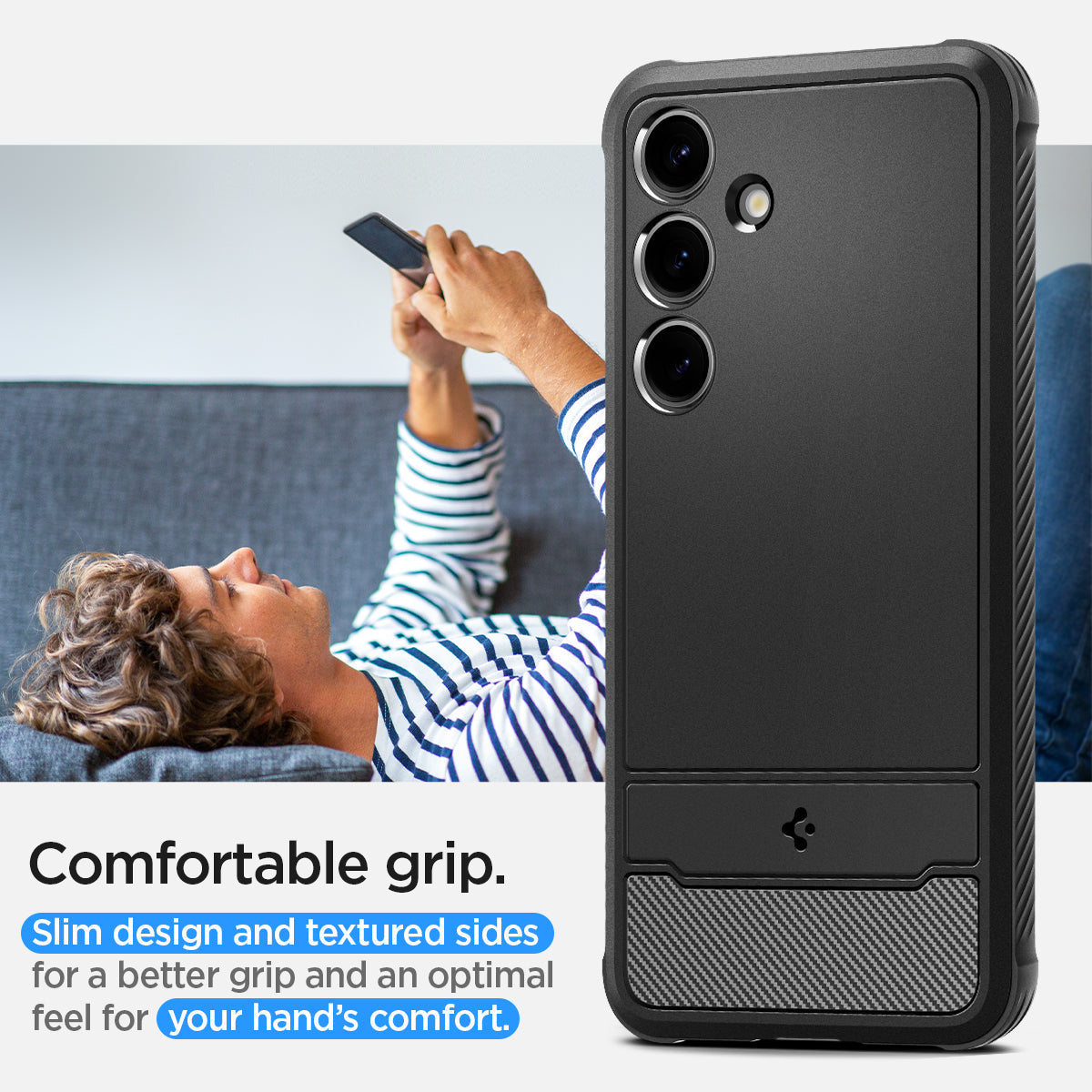 ACS07326 - Galaxy S24 Plus Case Rugged Armor in Matte Black showing the comfortable grip. Slim design and textured sides for a better grip and an optimal feel for your hand's comfort