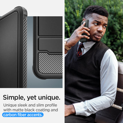 ACS07346 - Galaxy S24 Case Rugged Armor in Matte Black showing the simple, yet unique. Unique sleek and slim profile with matte black coating and carbon fiber accents