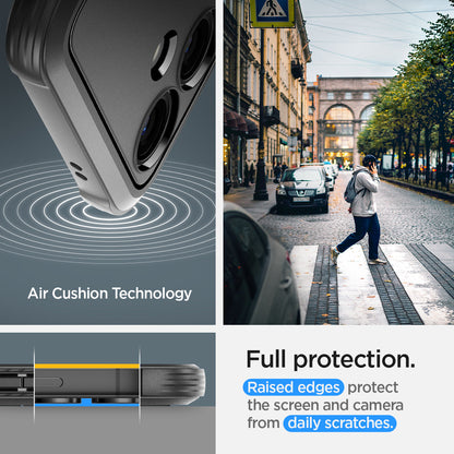 ACS07346 - Galaxy S24 Case Rugged Armor in Matte Black showing the Air Cushion Technology. Full protection. Raised edges, protect the screen and camera from daily scratches