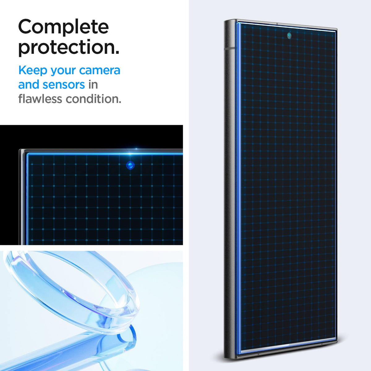 AGL07493 - Galaxy S24 Ultra GLAS.tR EZ Fit in Transparency showing the complete protection. Keep your camera and sensors in flawless condition