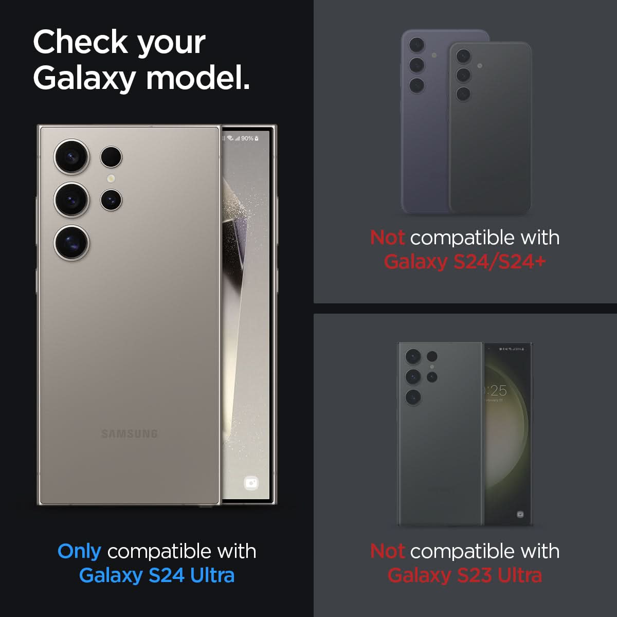 AGL07585 - Galaxy S24 Ultra Optik Pro EZ Fit Lens Protector in L-Series showing the compatibility. Only compatibility with Galaxy S24 Ultra and not compatible with Galaxy S24/S24+ and Galaxy S23 Ultra