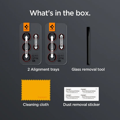 AGL07585 - Galaxy S24 Ultra Optik Pro EZ Fit Lens Protector in L-Series showing what's in the box. 2 Alignment trays, Glass removal tool, Cleaning cloth and Dust removal sticker