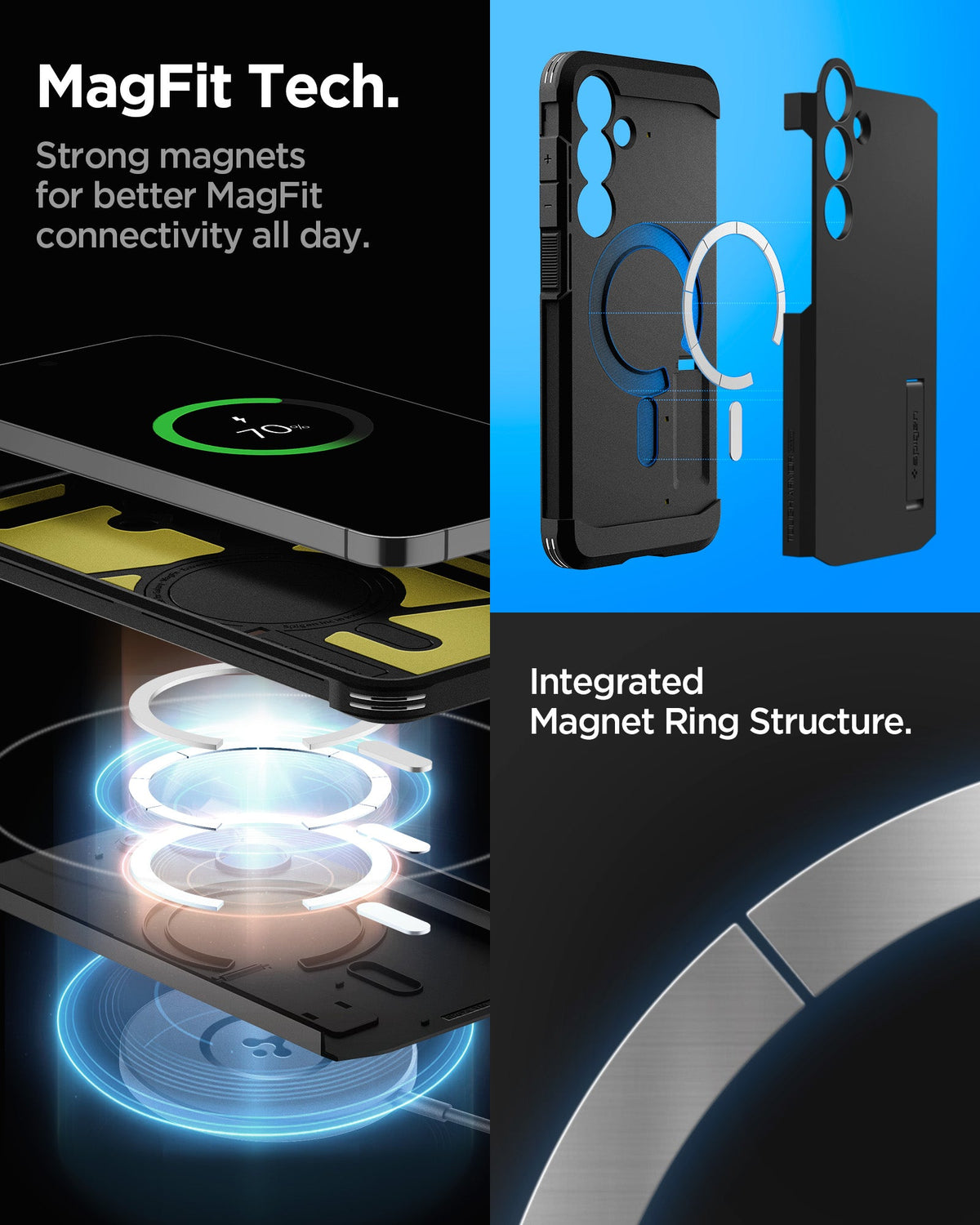 ACS08625 - Galaxy S24 FE Case Tough Armor (MagFit) in Black showing the MagFit Tech. Strong magnets for better MagFit connectivity all day. Integrated Magnet Ring Structure