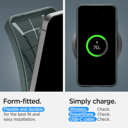 ACS07328 - Galaxy S24 Plus Case Liquid Air in Abyss Green form fitted flexible and durable for the best fit and easy installation. Simply charge wireless check. power share check. USB-C cable.