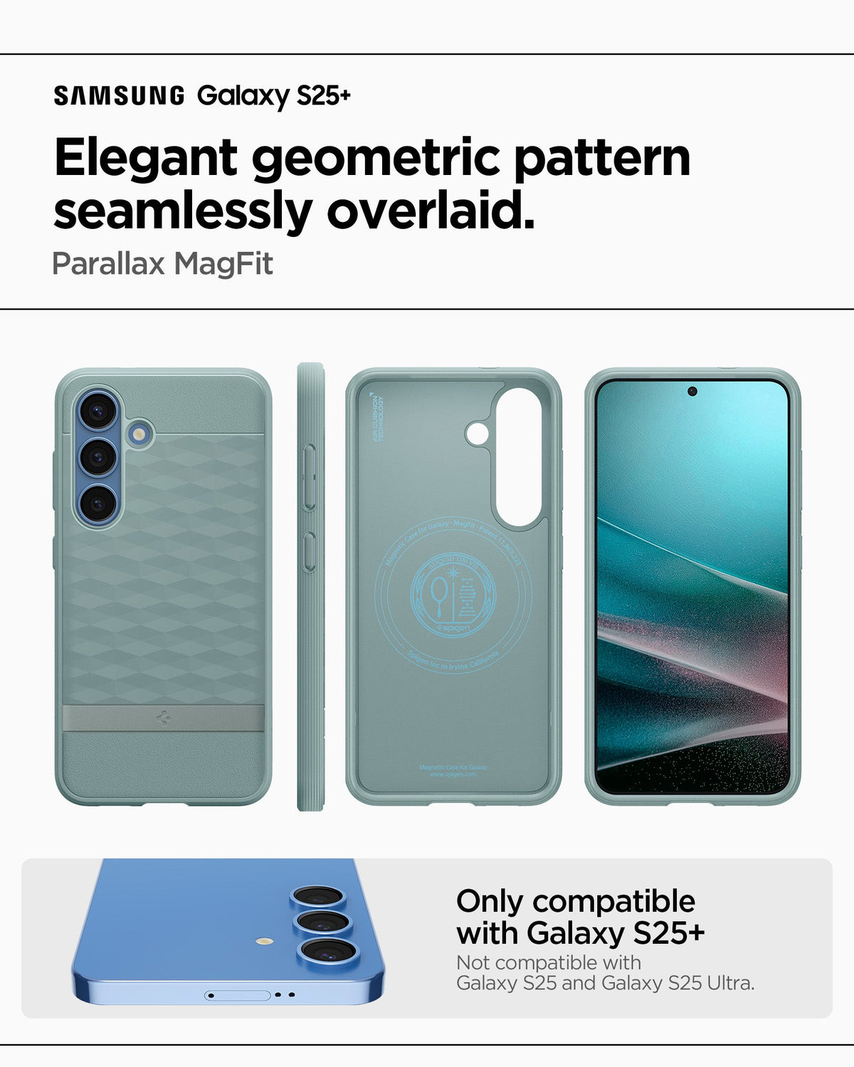 ACS09060 - Galaxy S25 Plus Case Parallax (MagFit) in Sage Green showing the elegant geometric pattern seamlessly overlaid. Parallax MagFit. Only compatible with Galaxy S25+ and not compatible with Galaxy S25 and Galaxy S25 Ultra