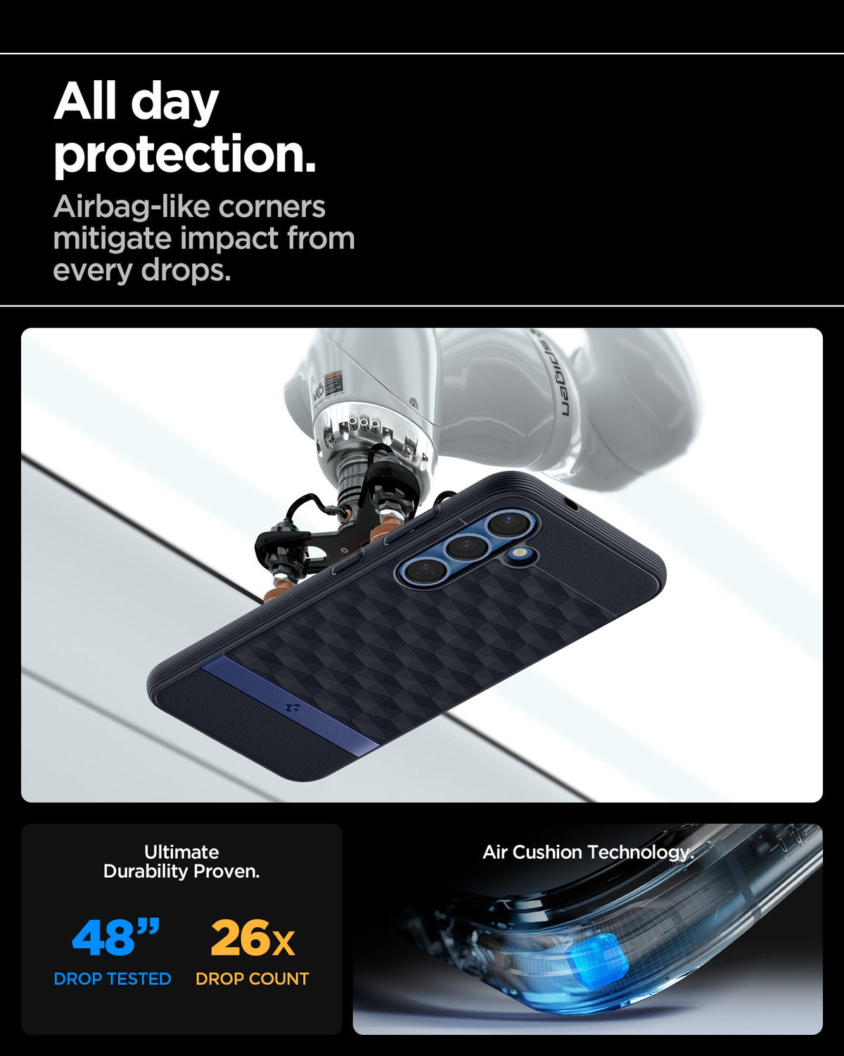ACS09061 - Galaxy S25 Plus Case Parallax (MagFit) in Navy Violet showing the all day protection. Airbag-like corners mitigate impact from drops. Ultimate durability proven. 48" drop tested and 26X drop count