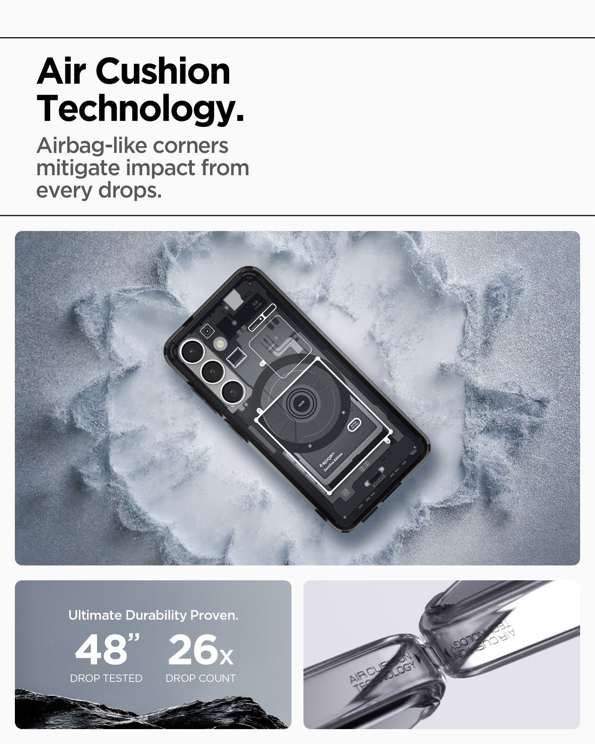 ACS08982 - Galaxy S25 Plus Case Ultra Hybrid Metal Ring Zero One (MagFit) in Zero One Black showing the Air Cushion Technology. Airbag-like corners mitigate impact from every drops. Ultimate durability proven. 48" drop tested and 26x drop count