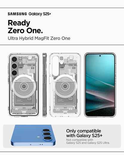 ACS08983 - Galaxy S25 Plus Case Ultra Hybrid Metal Ring Zero One (MagFit) in Zero One White showing the compatibility. Only compatible with Galaxy S25+ and not compatible with Galaxy S25 and Galaxy S25 Ultra