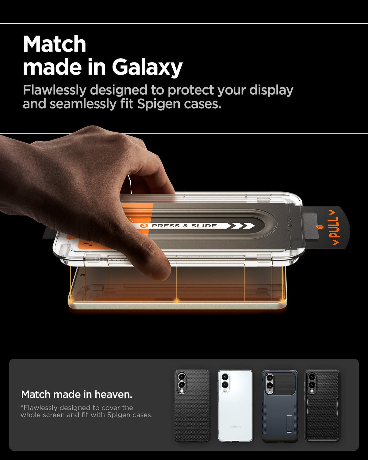 AGL09410 - Galaxy S25 Edge GLAS.tR EZ Fit Pro showing the match made in Galaxy. Flawlessly designed to protect your display and seamlessly fit Spigen cases. Designed to cover the whole screen and fit with Spigen cases