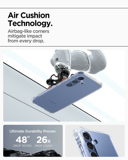 ACS08995 - Galaxy S25 Case Liquid Crystal in Crystal Clear showing the Air Cushion Technology. Airbag-like corners mitigate impact from every drop. Ultimate durability proven. 48" drop tested and 26x drop count