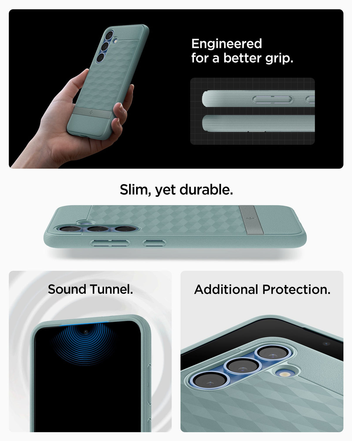 ACS09063 - Galaxy S25 Case Parallax (MagFit) in Sage Green showing how it is engineered for a better grip. Slim, yet durable. Sound Tunnel and Additional Protection