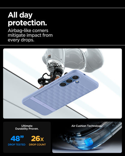 ACS09062 - Galaxy S25 Case Parallax (MagFit) in Purple-ish showing the all day protection. Airbag-like corners mitigate impact from drops. Ultimate durability proven. 48" drop tested and 26X drop count