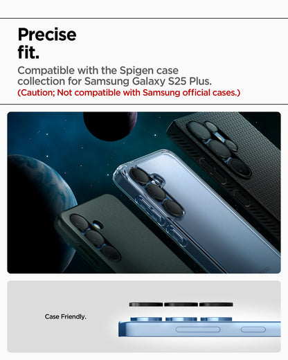 AGL09086 - Galaxy S25 Plus Optik Pro EZ Fit Lens Protector in Black showing the precise fit. Compatible with the Spigen case collection for Samsung Galaxy S25 Ultra (Caution; Not compatible with Samsung official cases)
