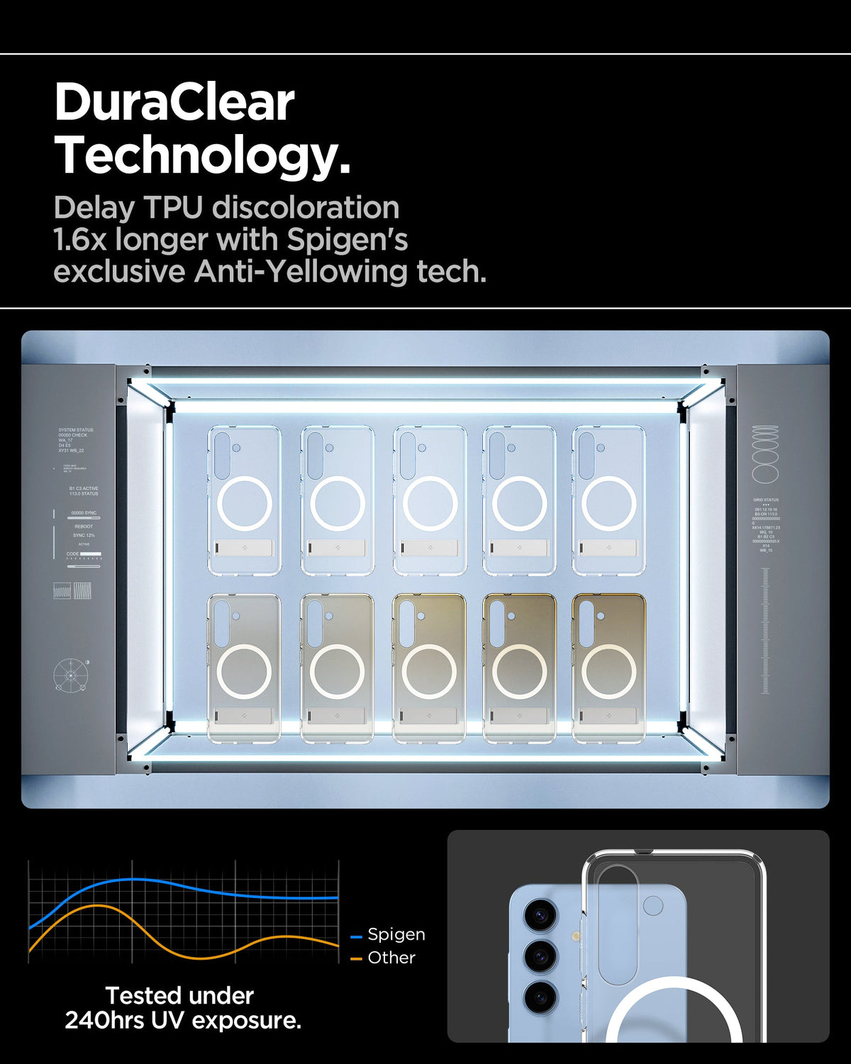 ACS08984 - Galaxy S25 Plus Case Ultra Hybrid S in Clear White showing the DuraClear Technology. Delay TPU discoloration 1.6x longer with Spigen's exclusive Anti-Yellowing tech.