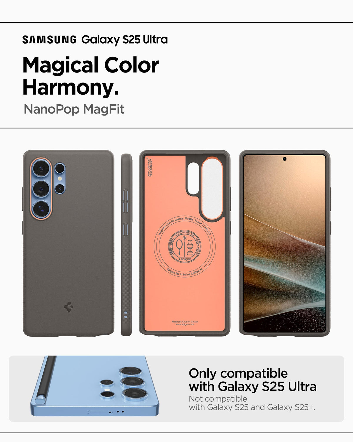 ACS09058 - Galaxy S25 Ultra Case Nano Pop (MagFit) in Papaya Gray showing the the compatibility. Only compatible with Galaxy S25 Ultra and not compatible with Galaxy S25 and Galaxy S25+