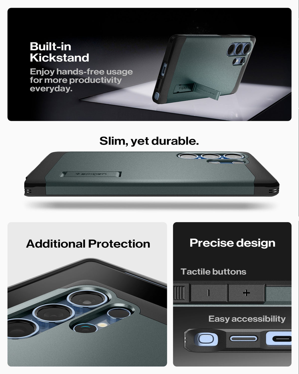 ACS08966 - Galaxy S25 Ultra Case Tough Armor AI (MagFit) in Abyss Green showing the built-in kickstand. Enjoy hands-free usage for more productivity everyday. Slim, yet durable. Additional Protection, Precise design and easy accessibility