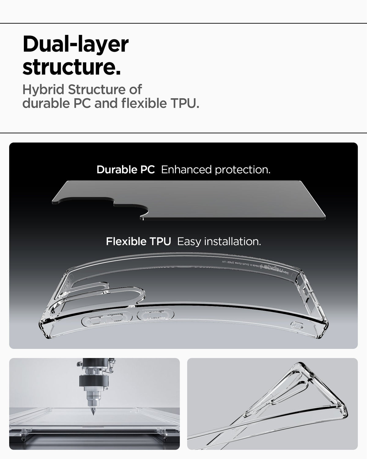 ACS08961 - Galaxy S25 Ultra Case Ultra Hybrid in Crystal Clear showing the dual-layer structure. Hybrid Structure of durable PC and flexible TPU. Durable PC Enhanced protection. Flexible TPU Easy installation