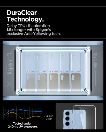 ACS09006 - Galaxy S25 Case Ultra Hybrid in Crystal Clear showing the DuraClear Technology. Delay TPU discoloration 1.6x longer with Spigen's exclusive Anti-Yellowing tech