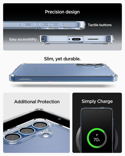ACS09006 - Galaxy S25 Case Ultra Hybrid in Crystal Clear showing the Precision design. Tactile buttons, easy accessibility. Slim, yet durable. Additional Protection. Simply charge