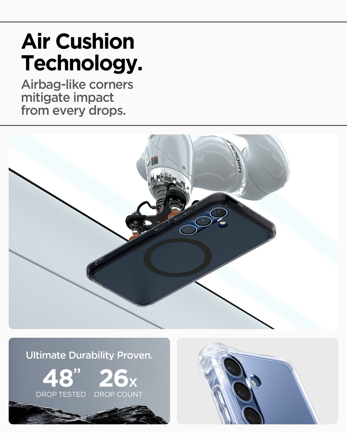 ACS09005 - Galaxy S25 Case Ultra Hybrid Metal Ring (MagFit) in Frost Black showing the air cushion technology. Airbag-like corners mitigate impact from every drops. Ultimate durability proven with 48" drop tested and 26x drop count