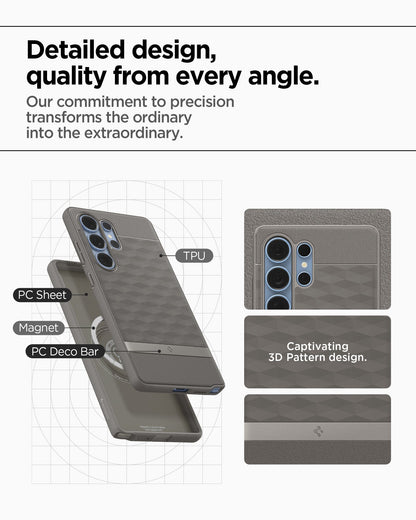ACS09055 - Galaxy S25 Ultra Case Parallax (MagFit) in Ash Gray showing the detailed design, quality from every angle. Our commitment to precision transforms the ordinary into the extraordinary. TPU, PC Sheet, Magnet and PC Decor Bar with captivating 3D pattern design