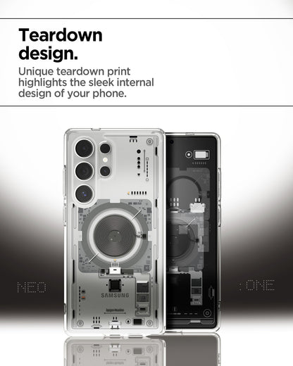 ACS08959 - Galaxy S25 Ultra Case Ultra Hybrid Metal Ring Neo One (MagFit) in Neo One teardown deign. unique teardown print highlights the sleek internal highlights the sleek internal design of your phone