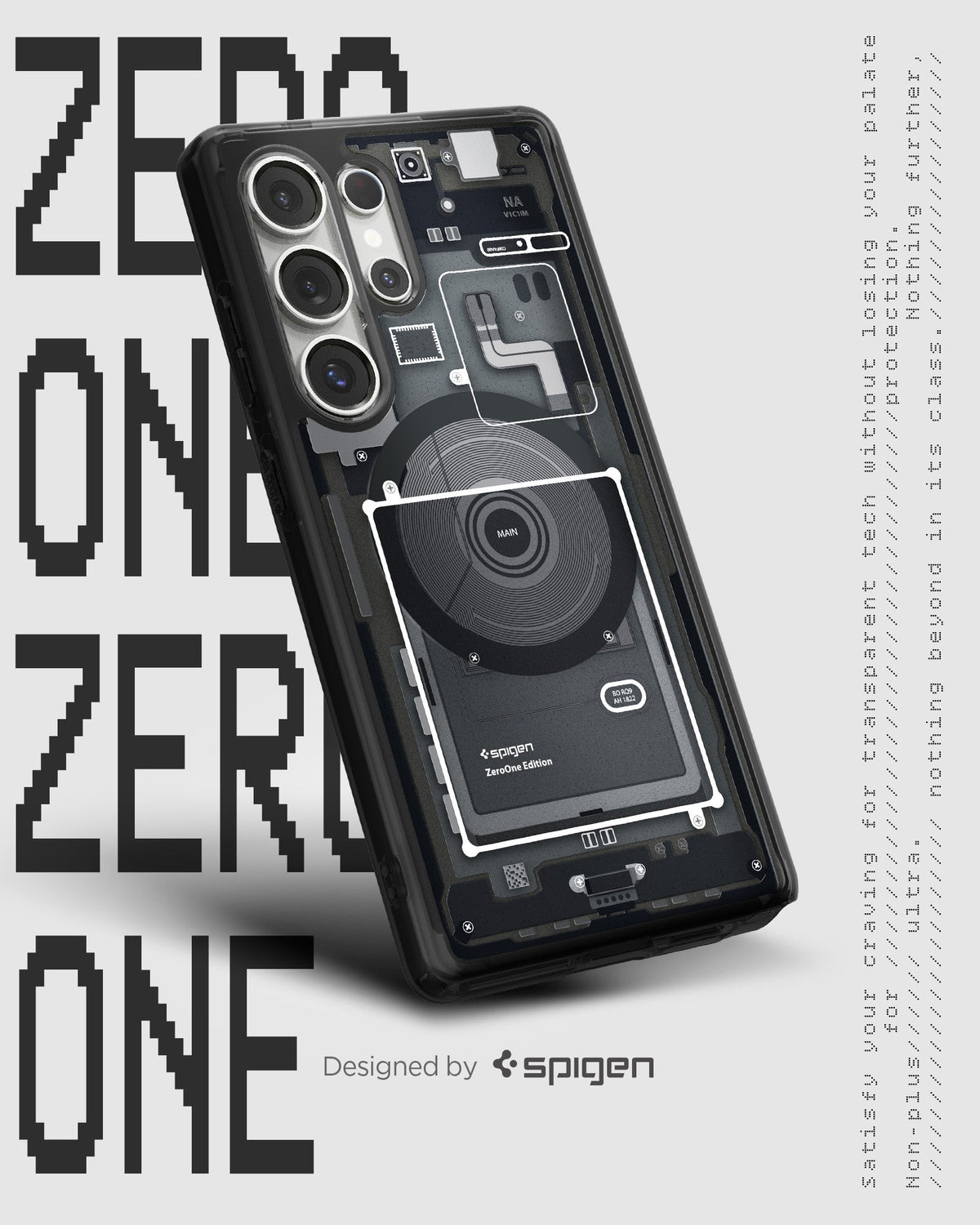 ACS08957 - Galaxy S25 Ultra Case Ultra Hybrid Metal Ring Zero One (MagFit) in Zero One Black showing the back, partial side and bottom