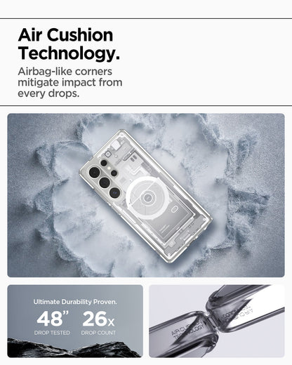 ACS08958 - Galaxy S25 Ultra Case Ultra Hybrid Metal Ring Zero One (MagFit) in Zero One White showing the Air Cushion Technology. Airbag-like corners mitigate impact from every drops. Ultimate durability proven. 48" drop tested and 26x drop count