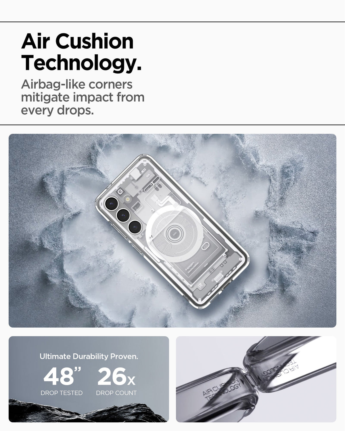 ACS09004 - Galaxy S25 Case Ultra Hybrid Metal Ring Zero One (MagFit) in Zero One White showing the Air Cushion Technology. Airbag-like corners mitigate impact from every drops. Ultimate durability proven. 48" drop tested and 26x drop count
