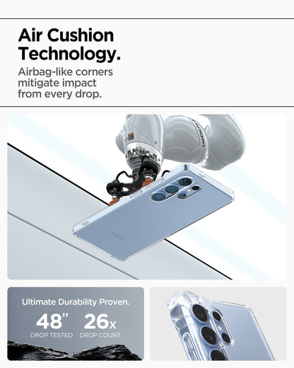 ACS08948 - Galaxy S25 Ultra Case Liquid Crystal in Crystal Clear showing the Air Cushion Technology. Airbag-like corners mitigate impact from every drop. Ultimate durability proven. 48" drop tested and 26x drop count