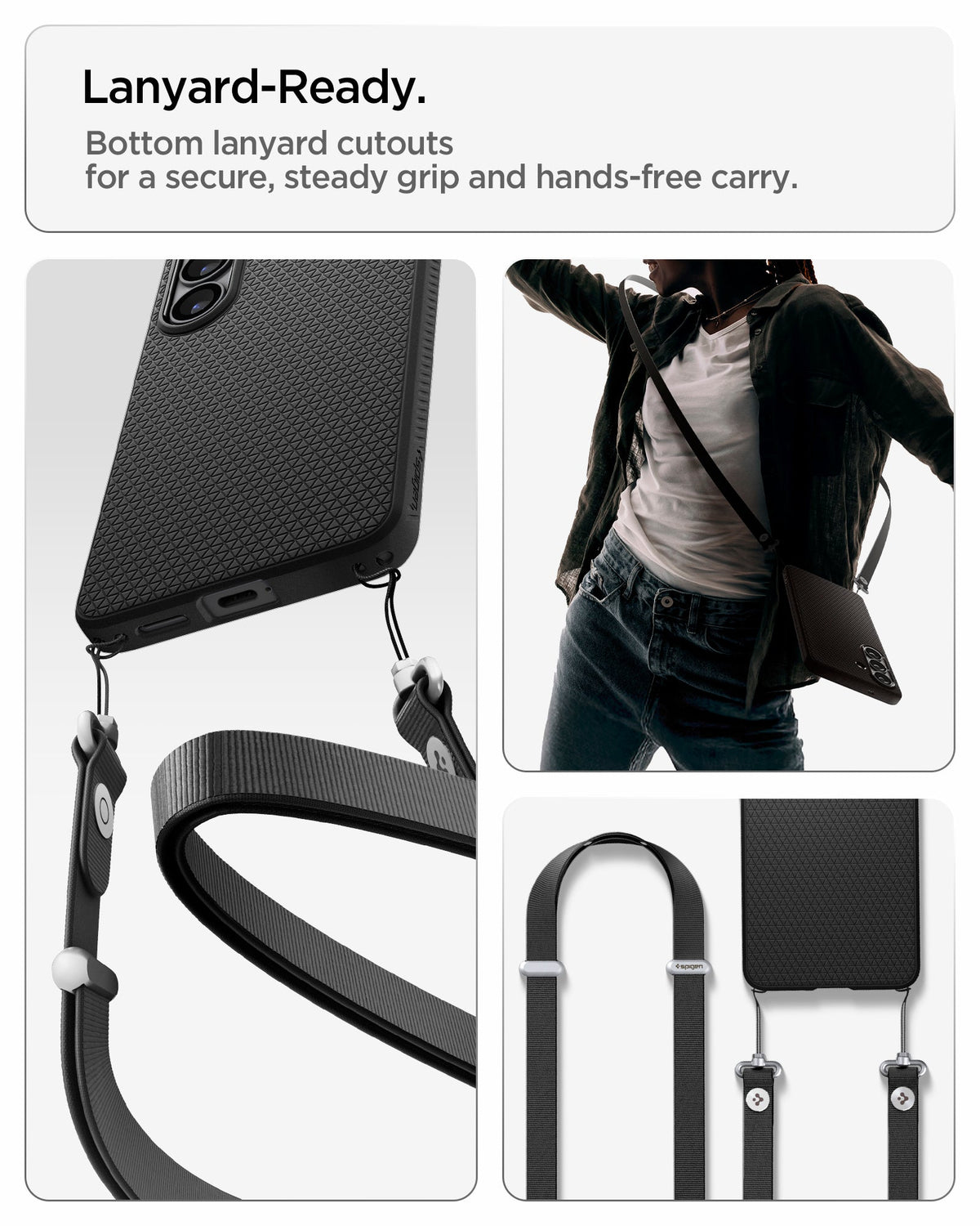 ACS11042 - Galaxy S26 Plus Liquid Air in Matte Black showing lanyard ready. Bottom lanyard cutouts for a secure steady grip and hands free carry